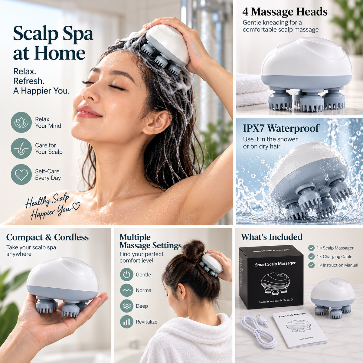 Jade Beauty Scalp Spa Massager - Waterproof 4-Head Massage