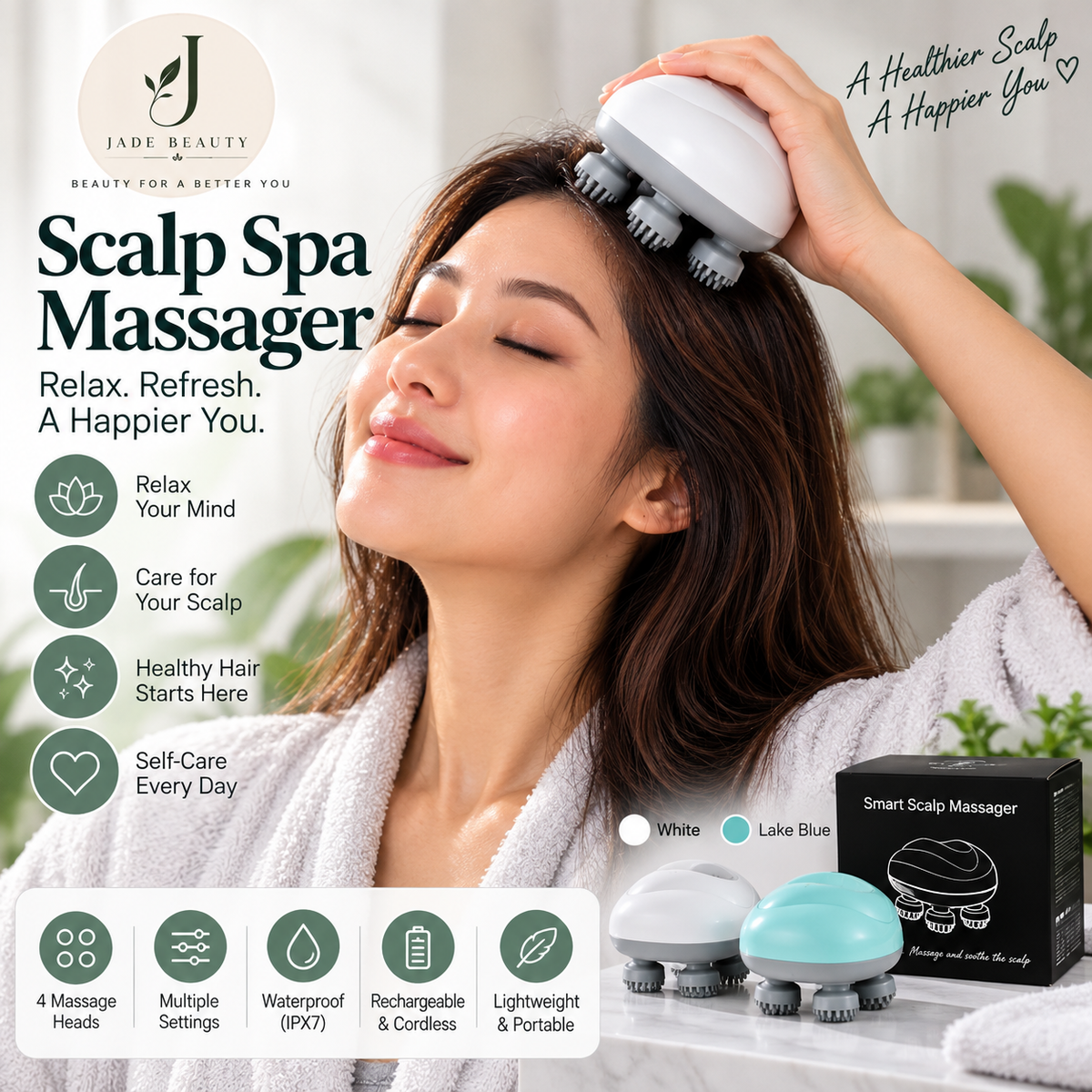 Jade Beauty Scalp Spa Massager - Waterproof 4-Head Massage